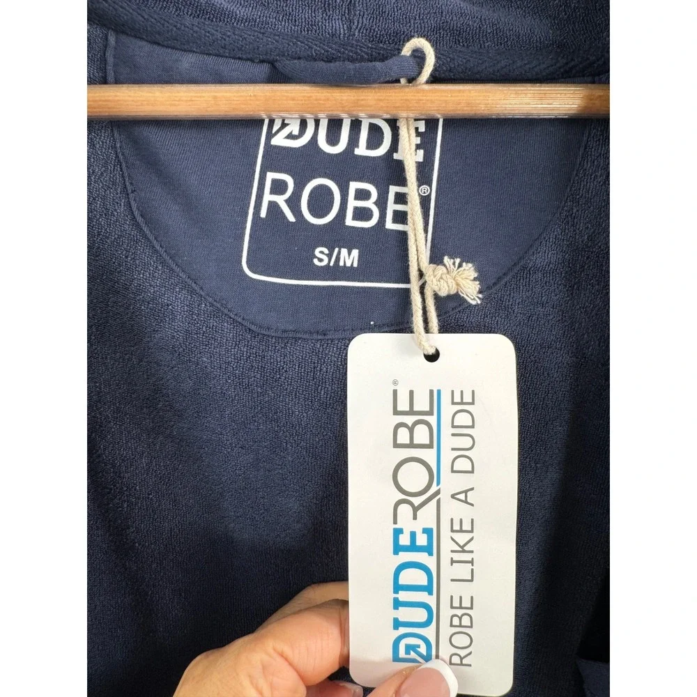 DudeRobe Hooded Bathrobe sz S Navy Luxury Cotton Loungewear Hooded Robe